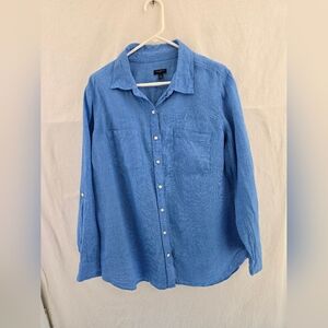 Talbots Blue Linen Full Button Long Roll Up Sleeve Casual Shirt. Ladies 2X